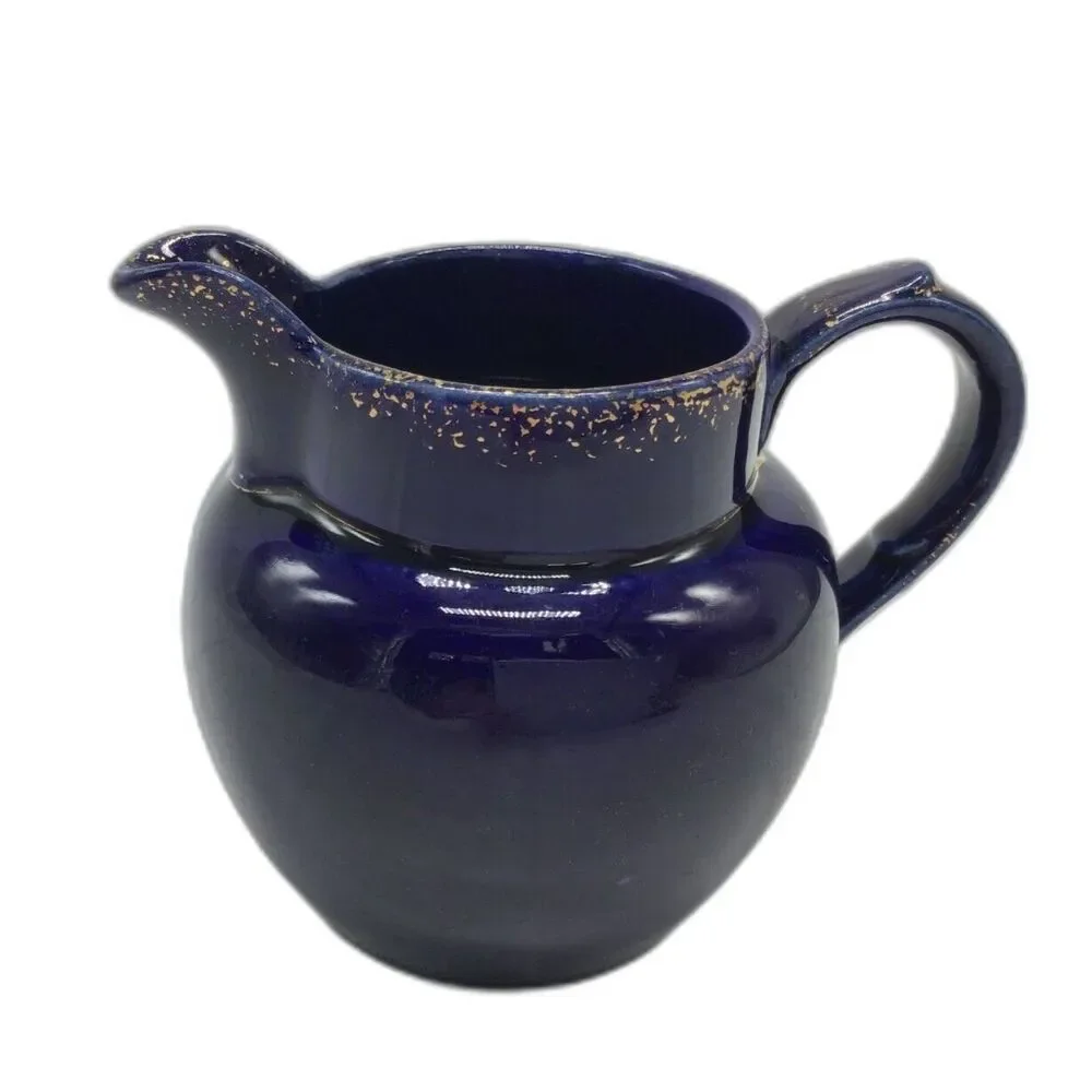 Vintage Indigo Blue Ceramic Creamer Small Pitcher 4 In Gold Speckle Trim Jug